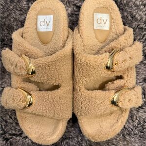 Dolce Vita Beige Fuzzy Slides with Gold Accents